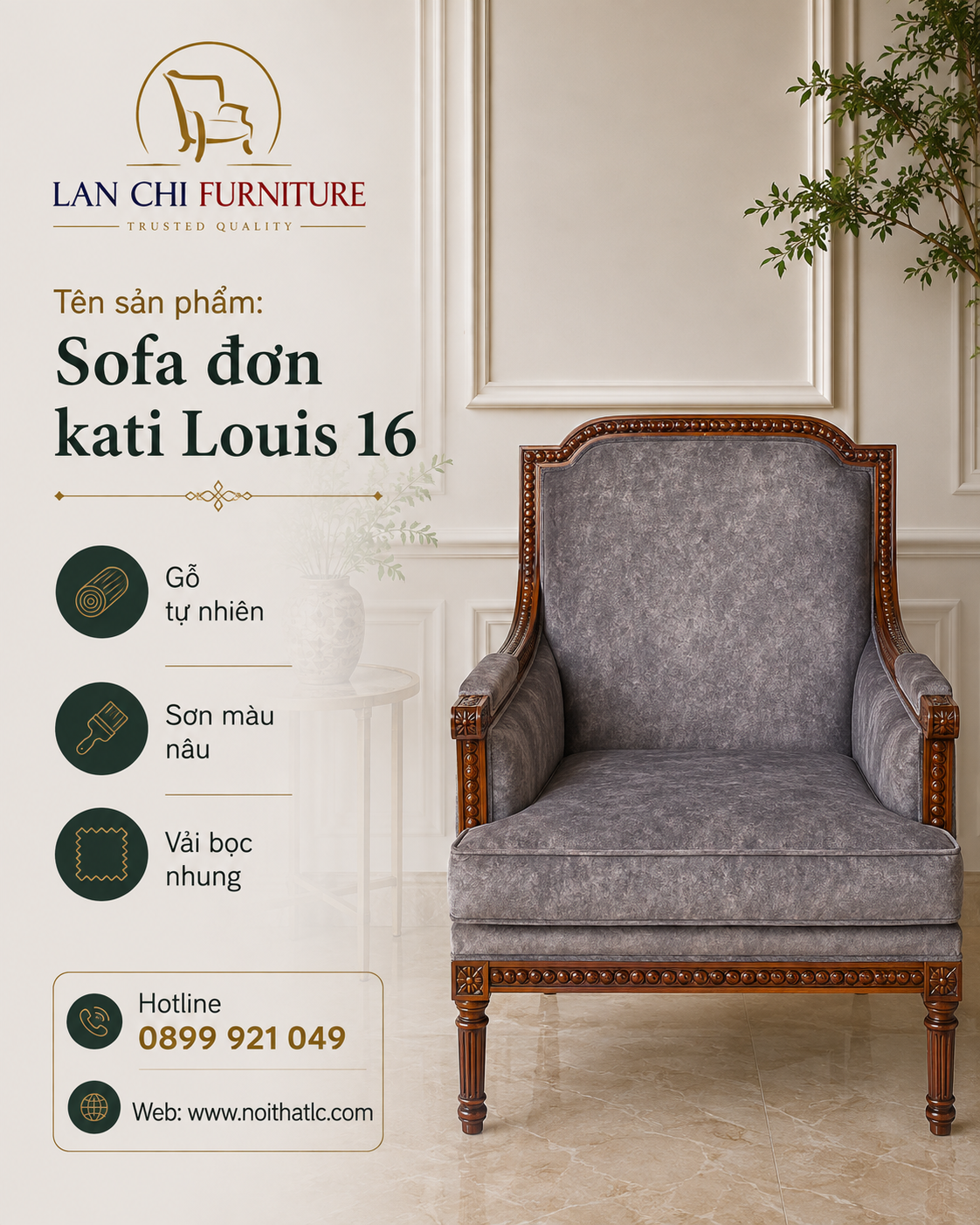 SOFA CỔ ĐIỂN KATI LOUIS 16 SƠN MÀU NÂU